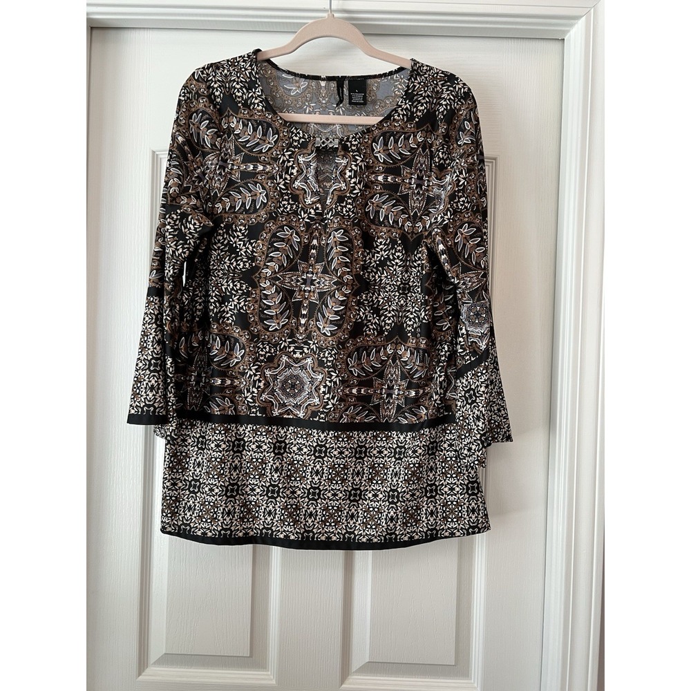 New Direction Women's Long Tunic Top Long Bell Sleeves Floral Brown Black Size L